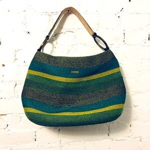 Eric Javits raffia wove shoulder bag green gold stripe